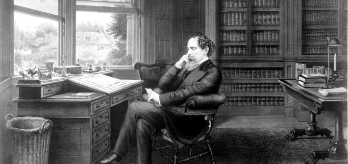 Ilustração com a imagem de Charles Dickens pensativo em seu escritório