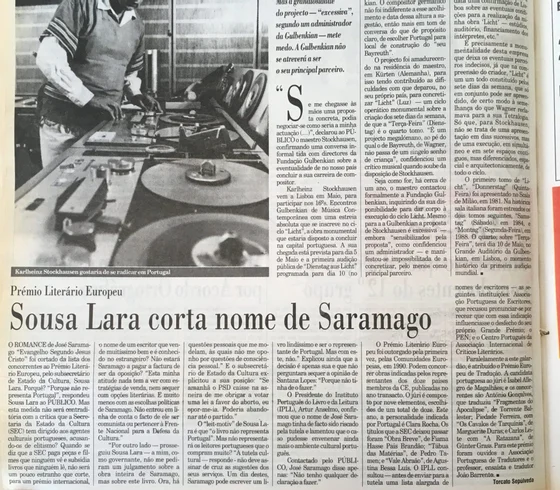Foto do jornal com a reportagem sobre a retirada de Saramango do Prêmio Europeu de Literatura