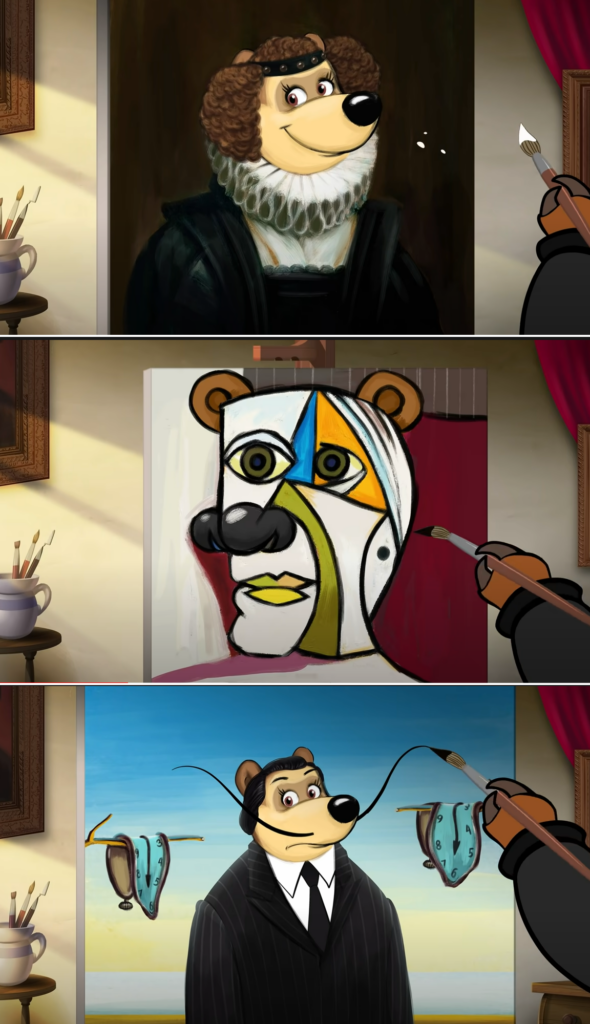 Reprodução de quadro relativos a Diego Velasquez, Pablo Picasso e Salvador Dali na animação Masha e o Urso