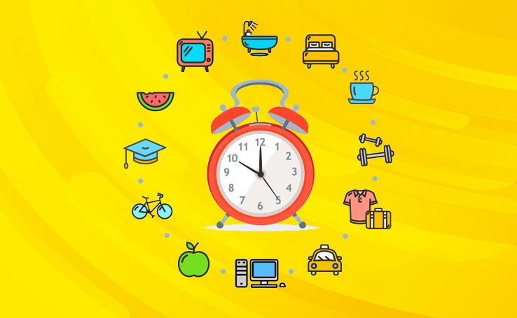 Imagem amarela ao fundo com relógio e vários ícones de diferentes atividades da rotina pessoal