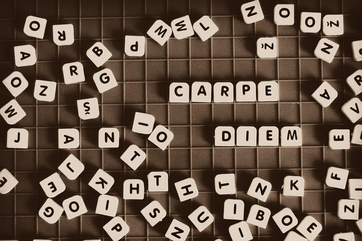 Blocos de madeiras com letras numa formando a palavra carpe diem caixa