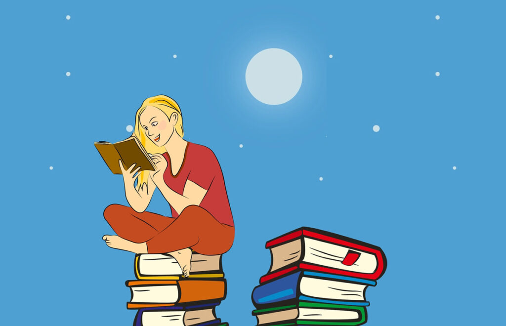 Ilustração de uma pessoa sentada sobre uma pilha de livros lendo um livro
