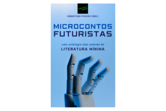 Capa e-book Microcontos Futuristas, com uma mão robótica e um fundo azul