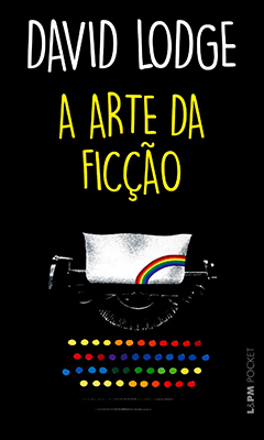 Capa do livro a Arte da ficção de David Lodge, com fundo preto e máquina de escrever com teclas na cor do arco-íris 