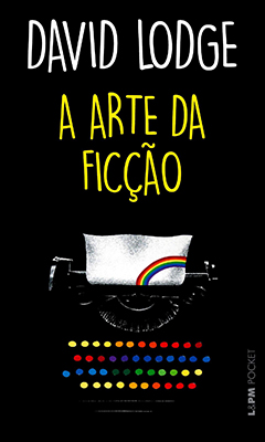 Capa do livro a Arte da ficção de David Lodge, com fundo preto e máquina de escrever com teclas na cor do arco-íris