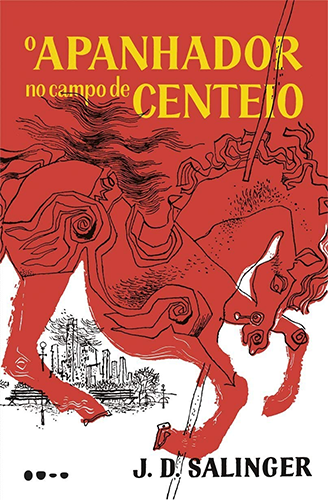 Capa do livro com a metade superior pintanda em vermelho e um cavalo que divide a metade de página, onde no segundo plano, em branco, tem uma cidade desenhada como se fosse a lápis