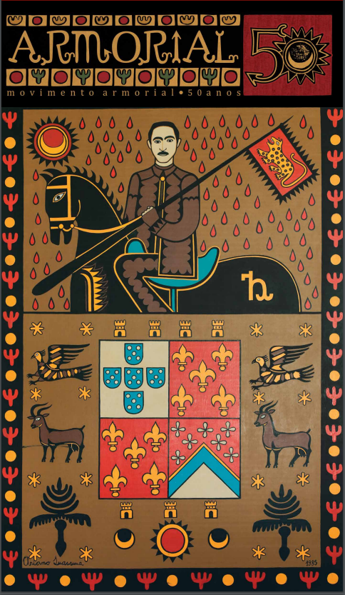 Cartaz de divulgação da Exposição sobre o Movimento Armorial com elementos estéticos da arte armorial, com homem sobre um cavalo e uma bandeira