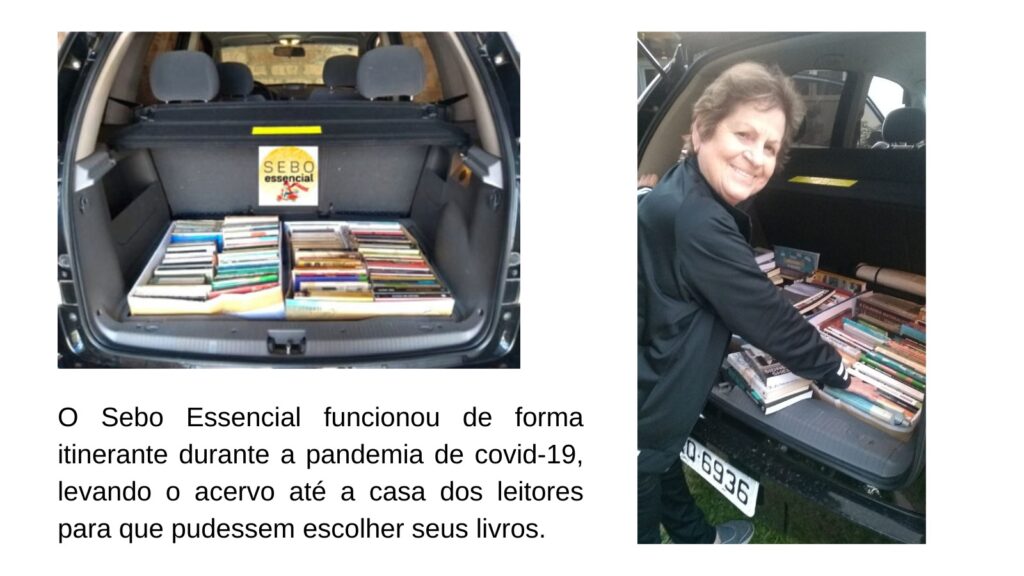 Carro com porta-malas repleto de livros e uma mulher procurando títulos.