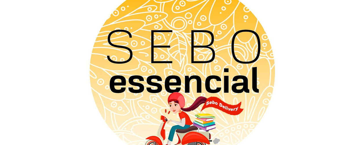 Logo do Sebo Essencial com uma ilustração de uma moça de moto e cachecol esvoaçante.