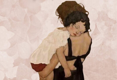 Capa do livro Microcontos Maternos. Na imagem, uma mulher segura uma criança no colo, que dorme com o rosto encostado no ombro.