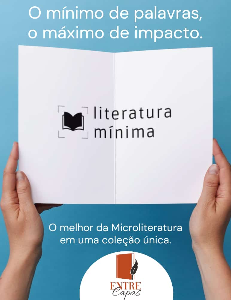 Imagem azul no fundo com duas mãos humanas segurando um livro aberto e no centro o logotipo "Literatura Mínima"