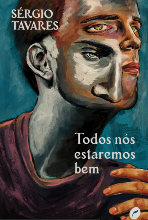 Capa do livro Todos nós estaremos bem, com um personagem de perfil e com um olho e um nariz a mais sobre uma das bochechas. Imagem estilo surrealista.