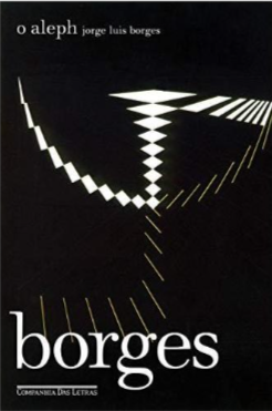 Capa do Livro, O Aleph de Jorge Luis Boges. Capa negra com imagem abstrata em branco