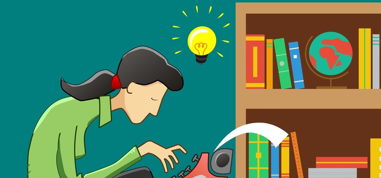 Ilustração de uma mulher escrevendo numa máquina de escrever com estante de livros ao fundo