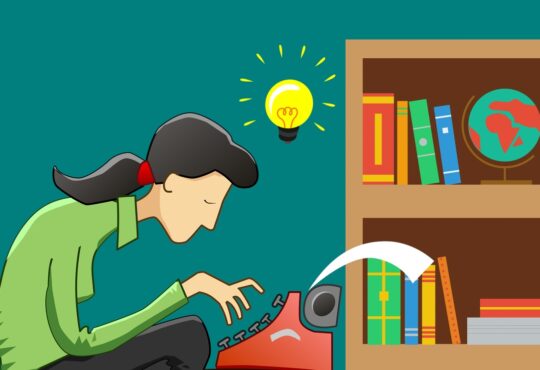 Ilustração de uma mulher escrevendo numa máquina de escrever com estante de livros ao fundo